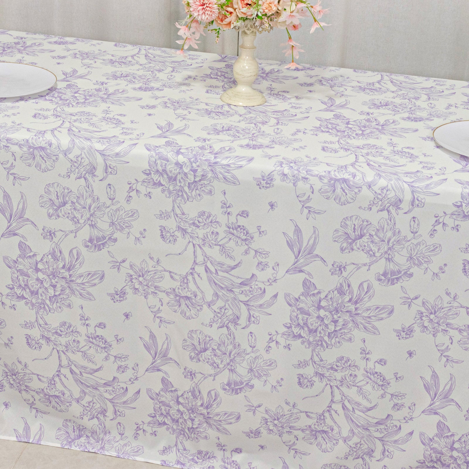Polyester Rectangular Tablecloth 90"x132" White with Lavender Lilac French Toile Pattern - Sophisticated Seamless Table Cover for Chic Weddings & Events - Image 8