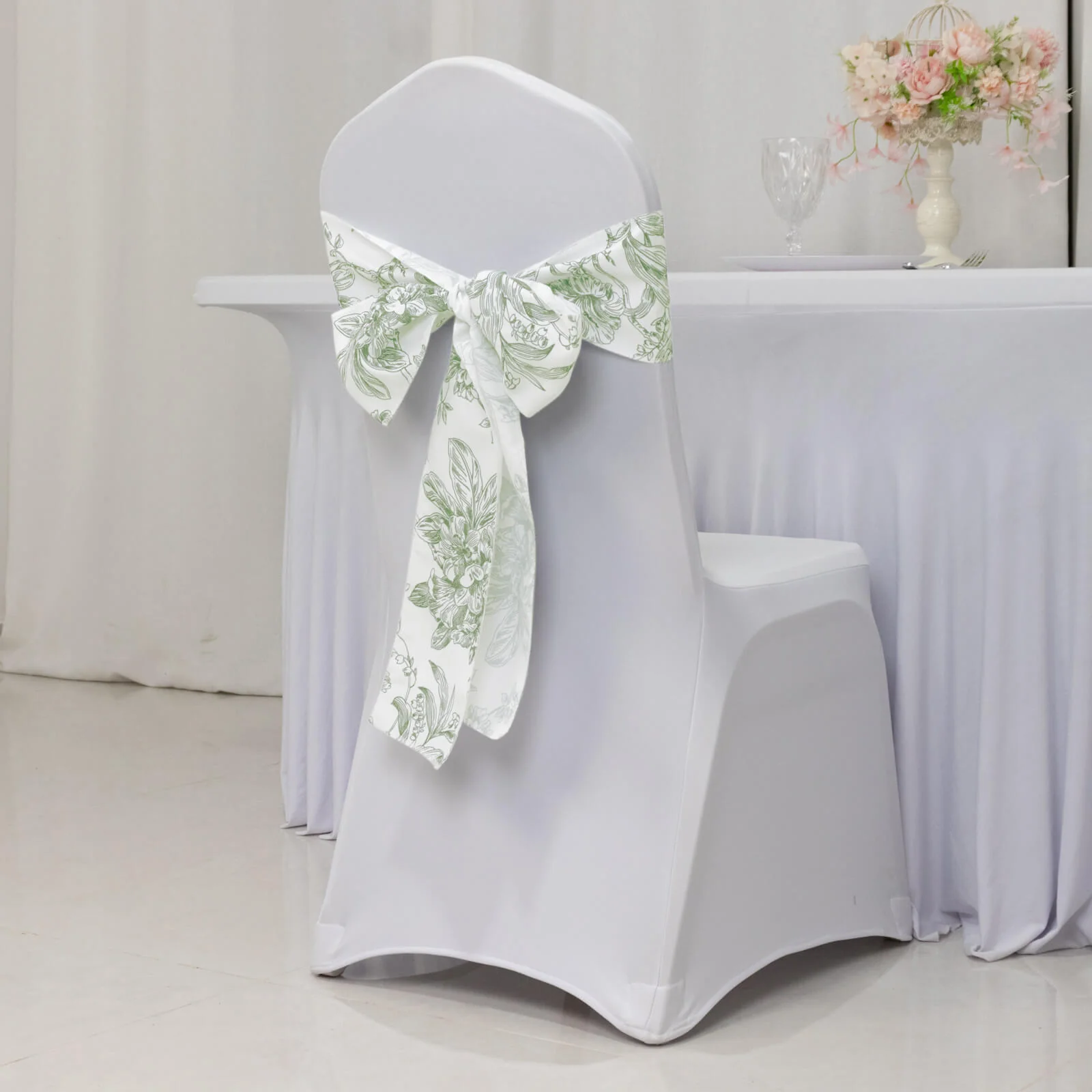Polyester Chair Sashes 6"x108" White Dusty Sage Green French Toile Floral Design - Durable & Reusable Chair Bows - Image 2