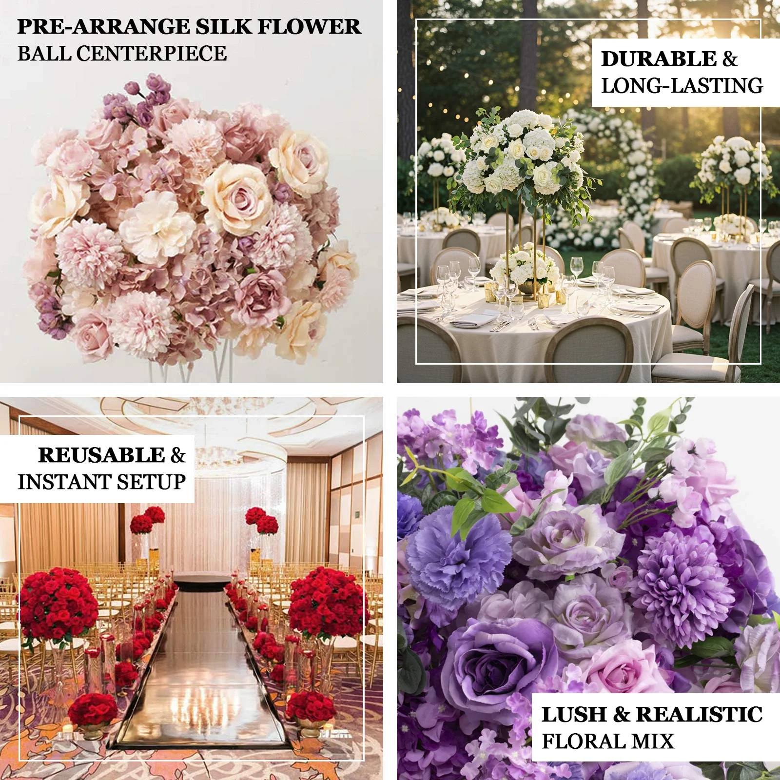Pre-Arranged Silk Floral Centerpiece in White, 22" Artificial Rose Flower Ball Bouquet for Event, Wedding - Image 4