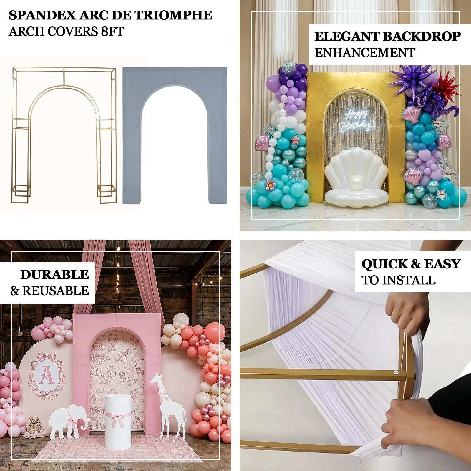 White Spandex Wedding Arch Cover for Arc de Triomphe Stand, Stretch Fitted Floral Balloon Frame Backdrop Stand Cover - 8ft - Image 3