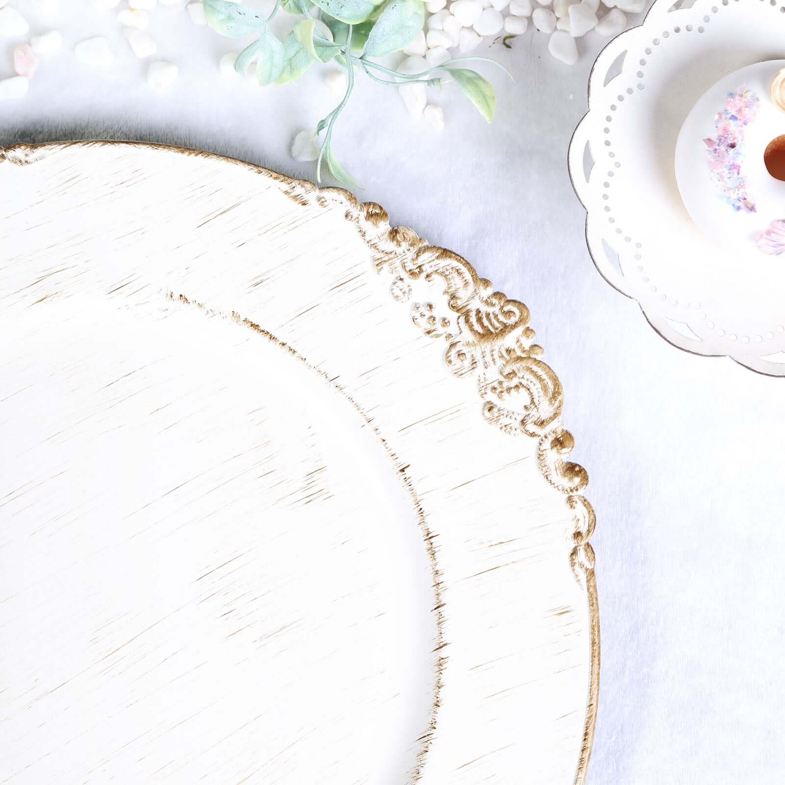 6-Pack Acrylic Charger Plates 13" Round White Washed with Gold Embossed Baroque Rim - Antique Decorative Dinner Tableware - Image 7