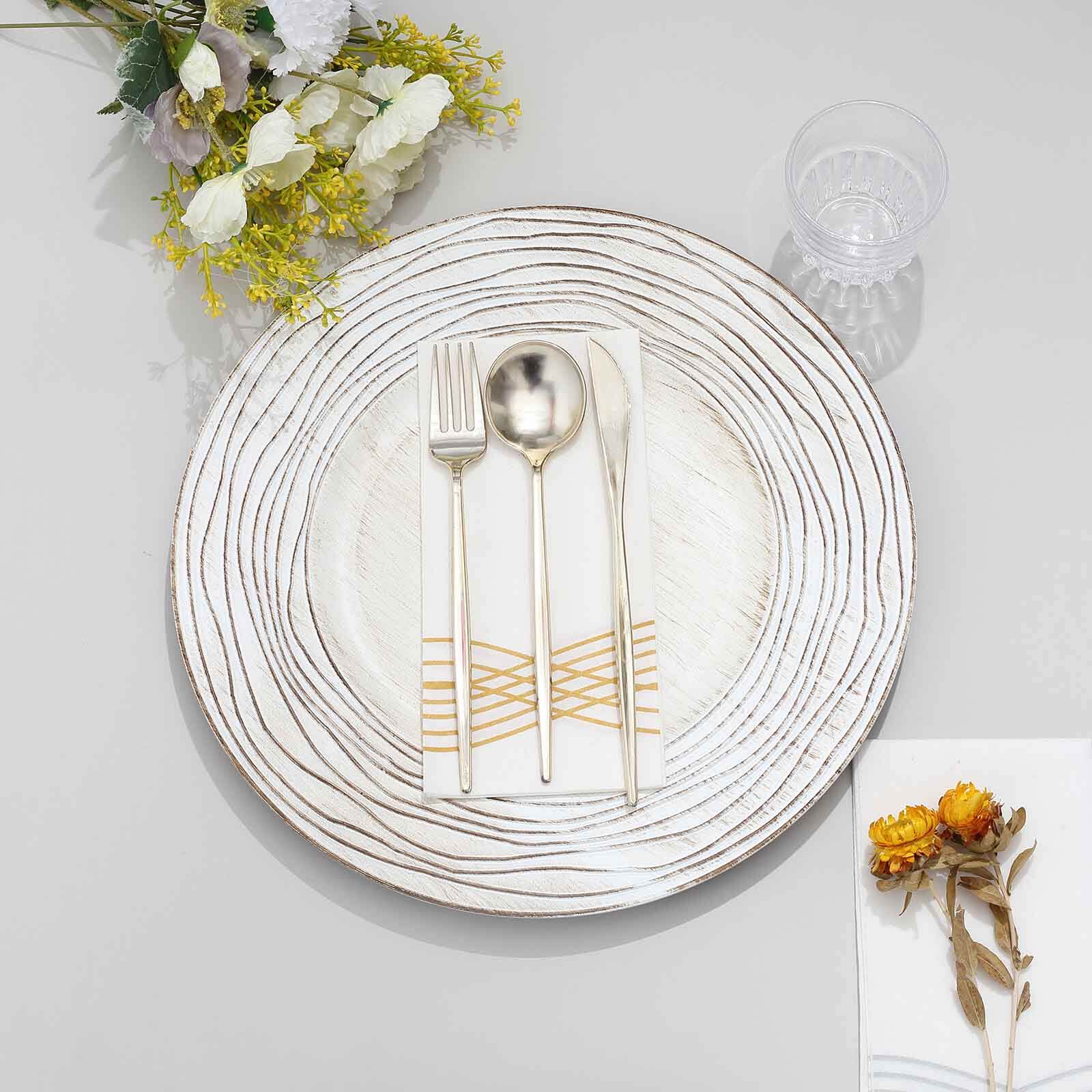 6-Pack Faux Wood Charger Plates 13" Round White Washed Rose Embossed Rim - Disposable Plastic Charger Tableware - Image 2