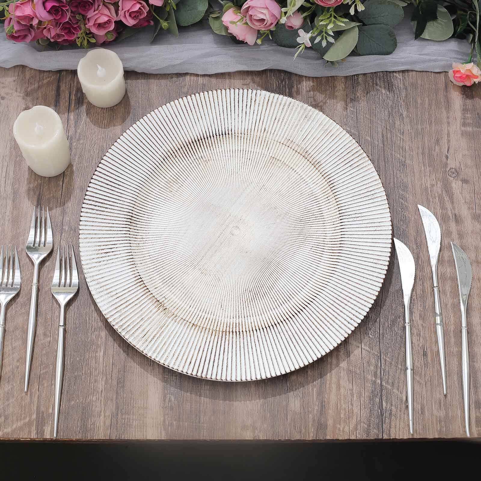 6-Pack Faux Wood Charger Plates 13" Round White Washed Embossed Sunray Pattern - Chic Plastic Decorative Chargers - Image 5