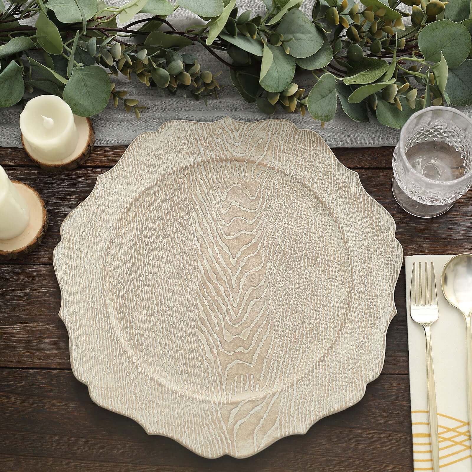6-Pack Acrylic Charger Plates 13" Round Rustic White with Wood Grain Scalloped Rim - Decorative Dinner Party Charger Tableware