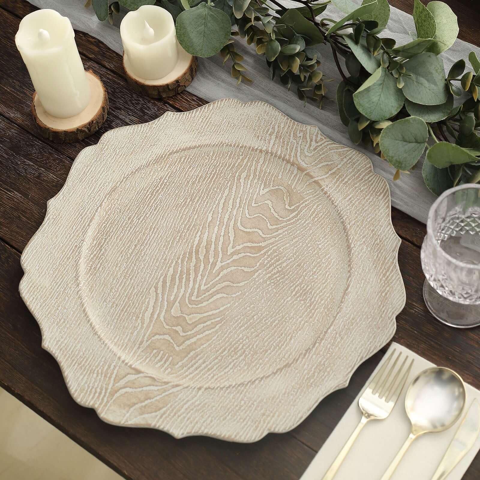 6-Pack Acrylic Charger Plates 13" Round Rustic White with Wood Grain Scalloped Rim - Decorative Dinner Party Charger Tableware - Image 2