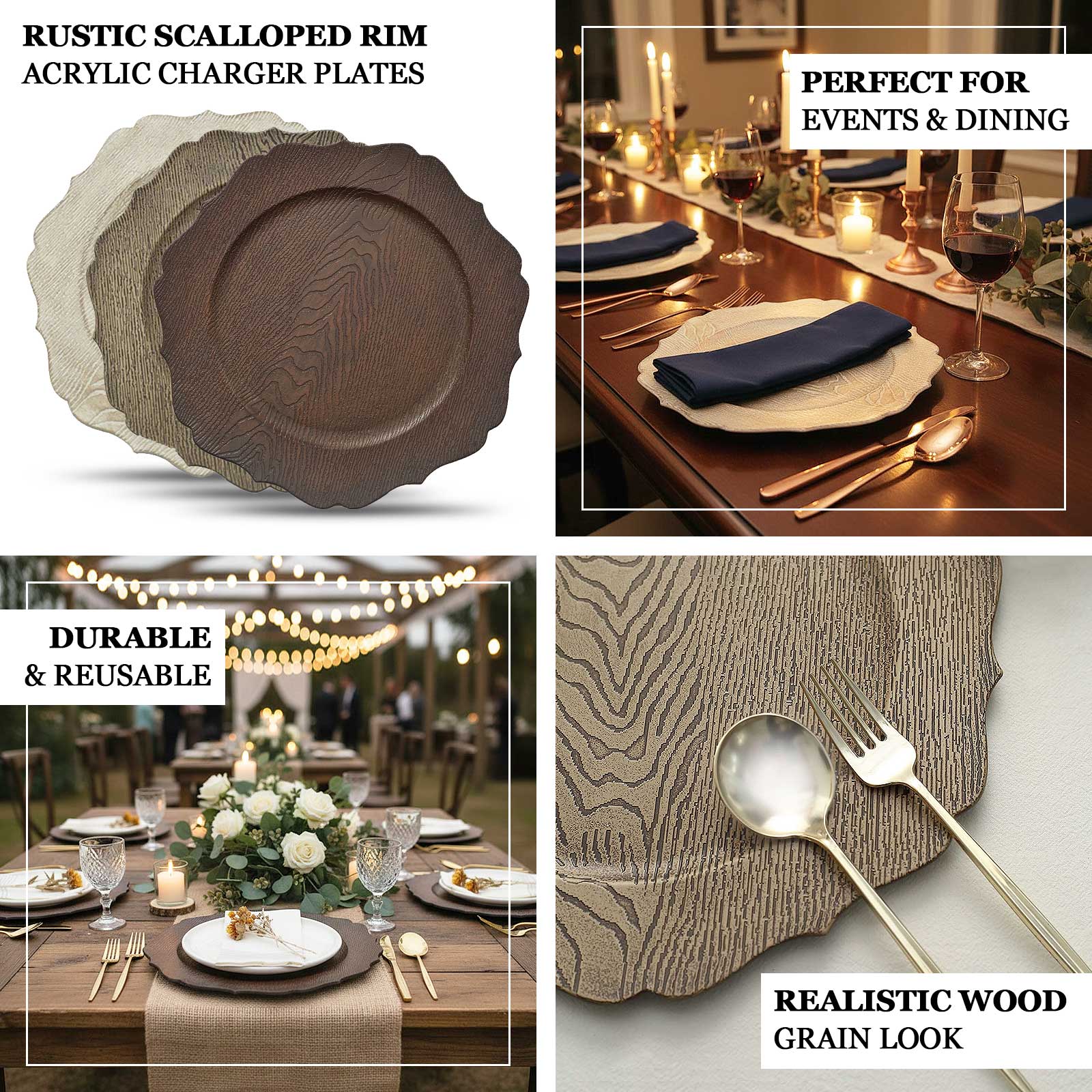 6-Pack Acrylic Charger Plates 13" Round Rustic White with Wood Grain Scalloped Rim - Decorative Dinner Party Charger Tableware - Image 4