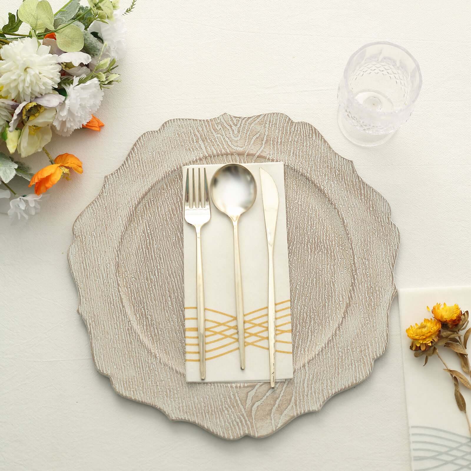 6-Pack Acrylic Charger Plates 13" Round Rustic White with Wood Grain Scalloped Rim - Decorative Dinner Party Charger Tableware - Image 6