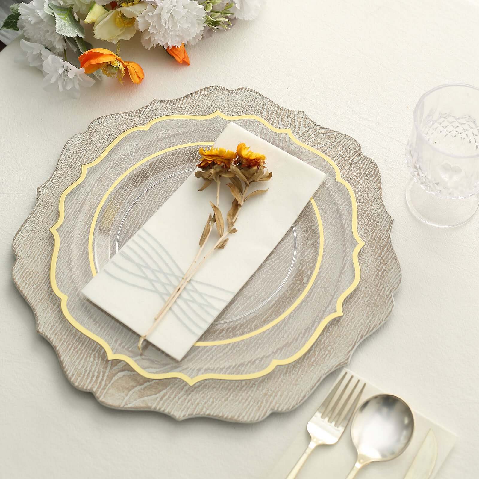6-Pack Acrylic Charger Plates 13" Round Rustic White with Wood Grain Scalloped Rim - Decorative Dinner Party Charger Tableware - Image 8