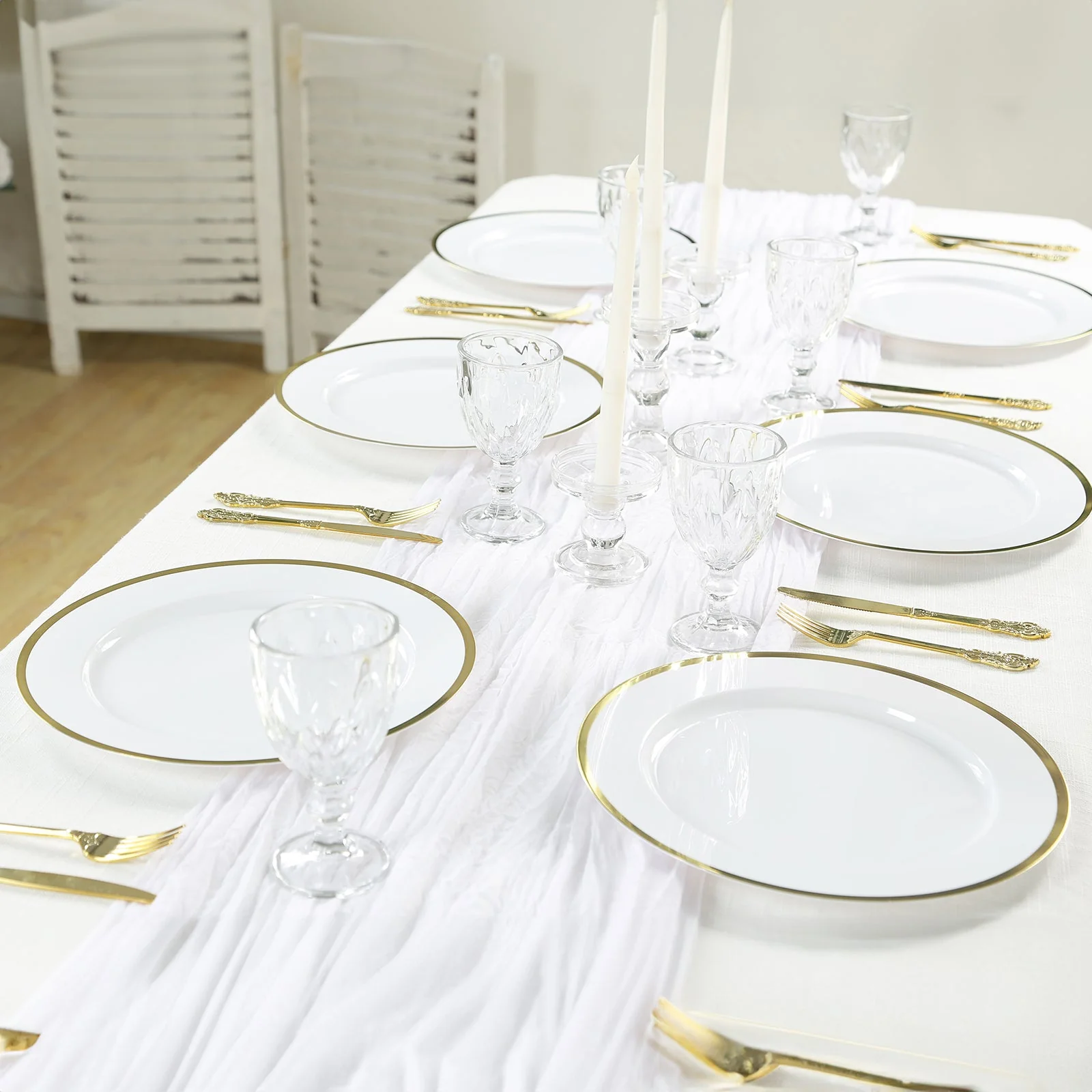 10-Pack Economy Plastic Charger Plates 12" Round White with Wide Gold Rim - Decorative Dinner Party Serving Plates - Image 7