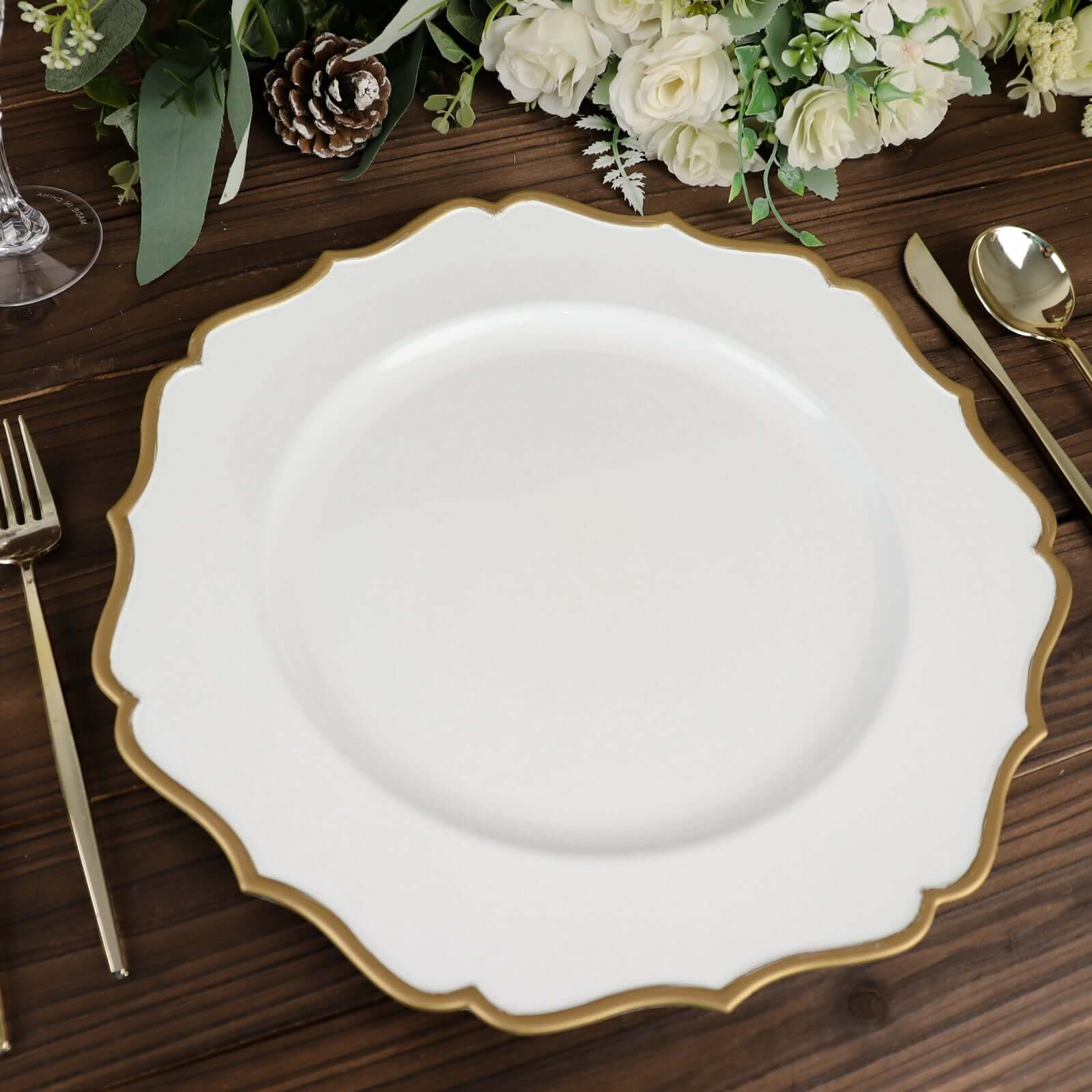 6-Pack Acrylic Charger Plates 13" Round White with Gold Scalloped Rim - Decorative Dinner Party Plastic Charger Tableware - Image 9