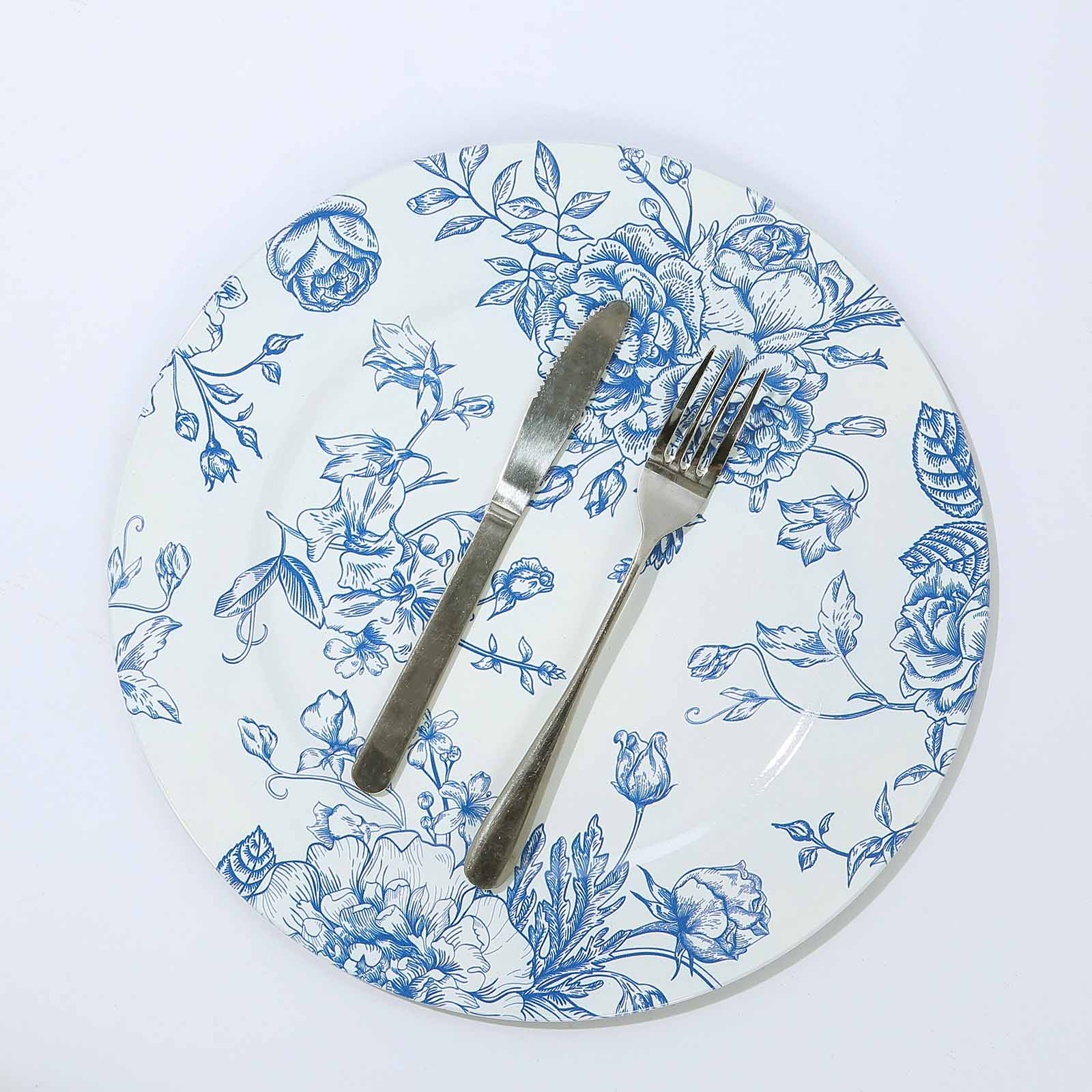 6-Pack Acrylic Charger Plates 13" Round White with Light Blue Floral French Toile Pattern - Decorative Dinner Party Charger Tableware - Image 2