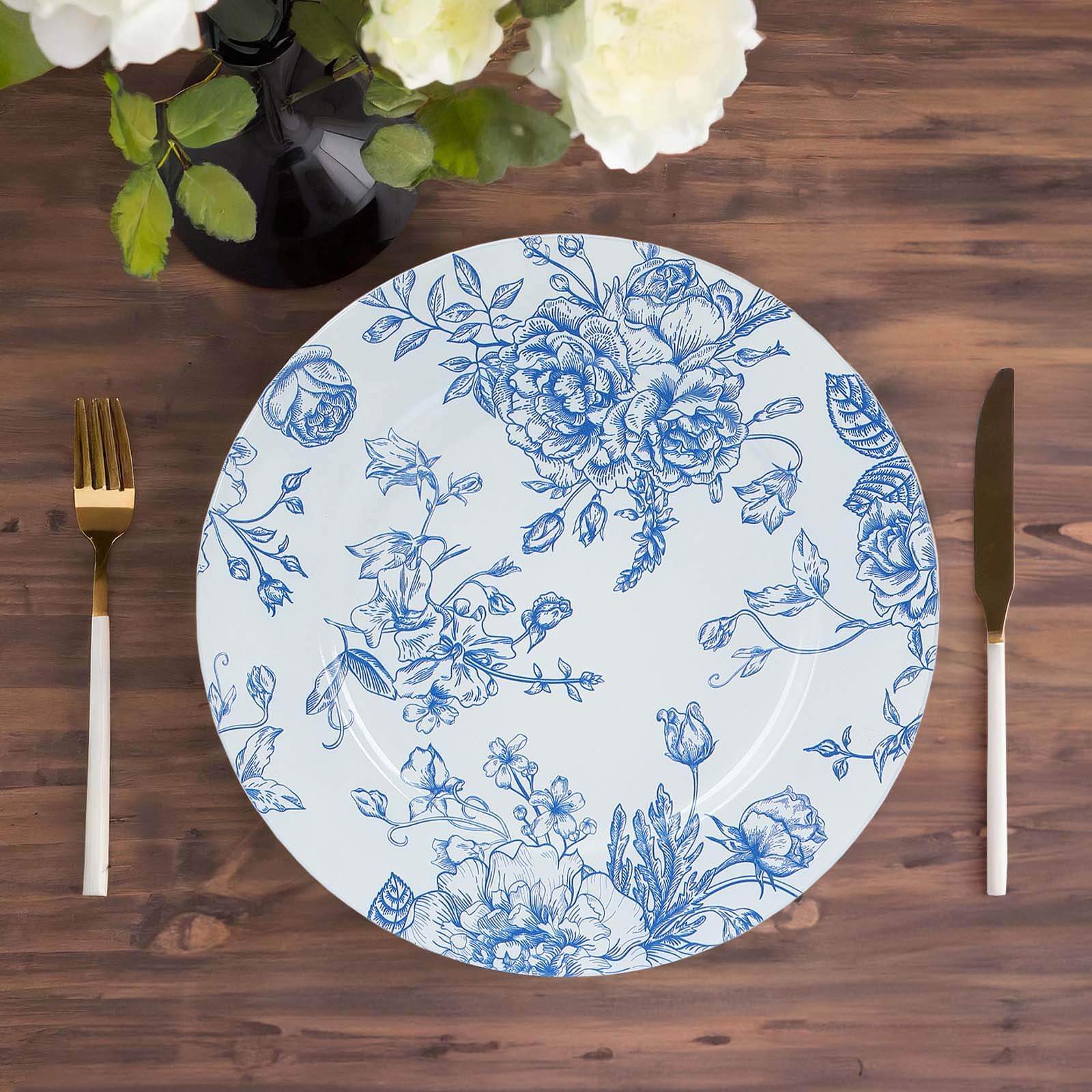 6-Pack Acrylic Charger Plates 13" Round White with Light Blue Floral French Toile Pattern - Decorative Dinner Party Charger Tableware - Image 7