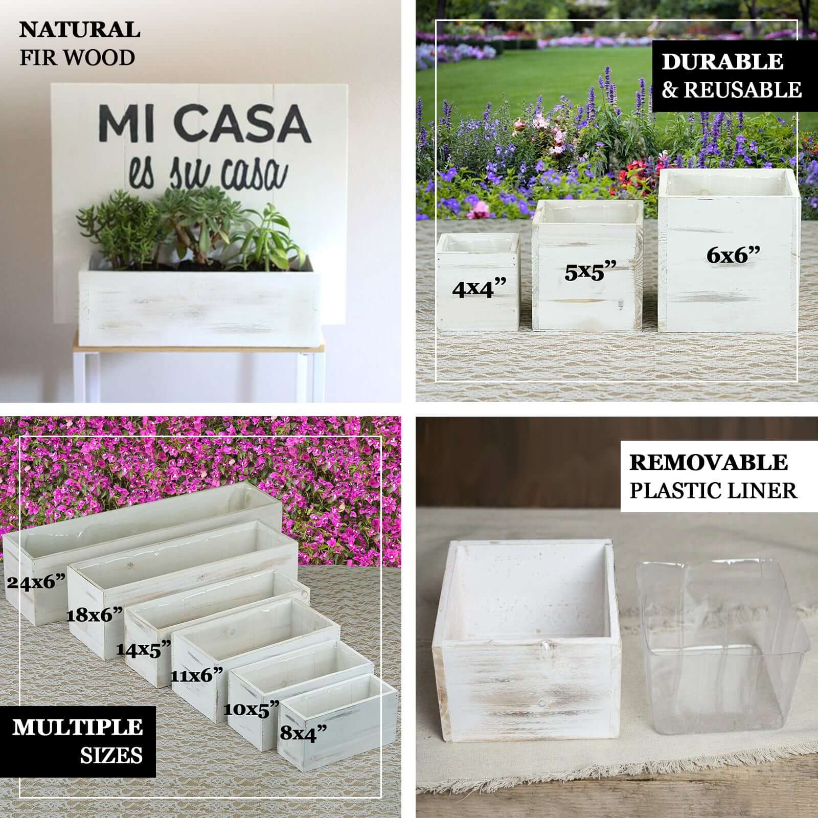 Whitewash Wood Planter Box Rectangular 18"x6" with Plastic Liner - Stylish Long Accent for Displays - Image 4