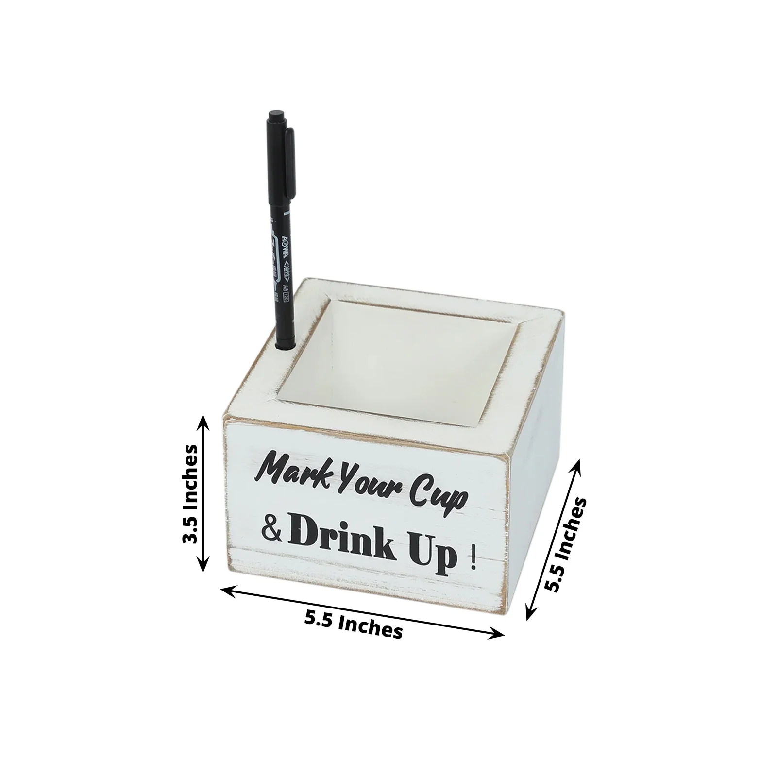 Whitewashed Wooden Solo Cup Holder 5.5" Rustic with Black Marker - Square Farmhouse Party Dispenser Box - Image 3