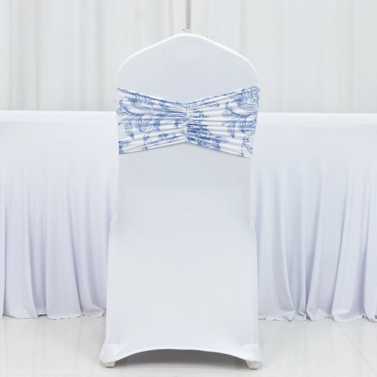 5 Pack French Toile Spandex Chair Sashes White Blue – 8"x13" Ruffled Stretch Chair Bands for Weddings & Events - Image 2