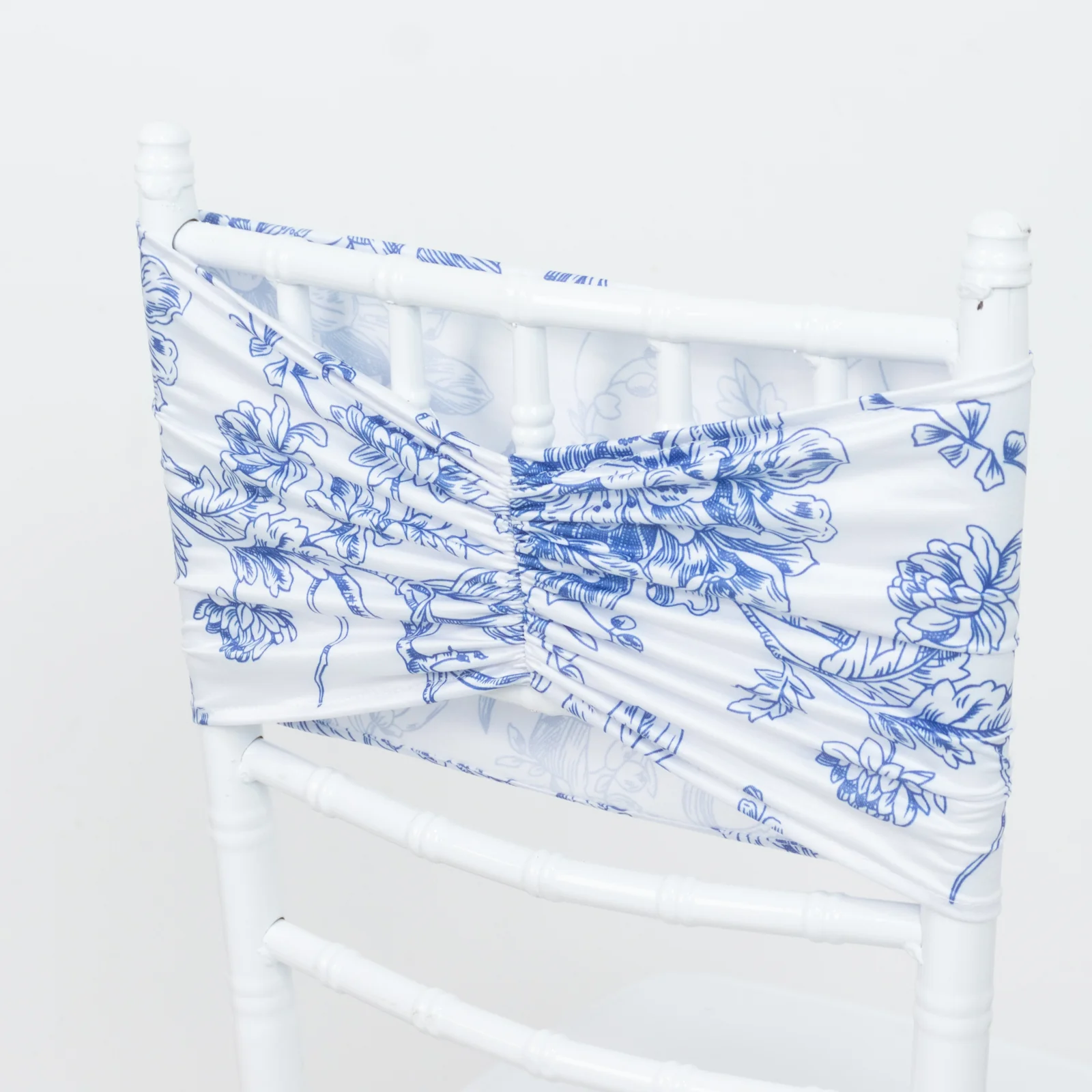 5 Pack French Toile Spandex Chair Sashes White Blue – 8"x13" Ruffled Stretch Chair Bands for Weddings & Events - Image 4