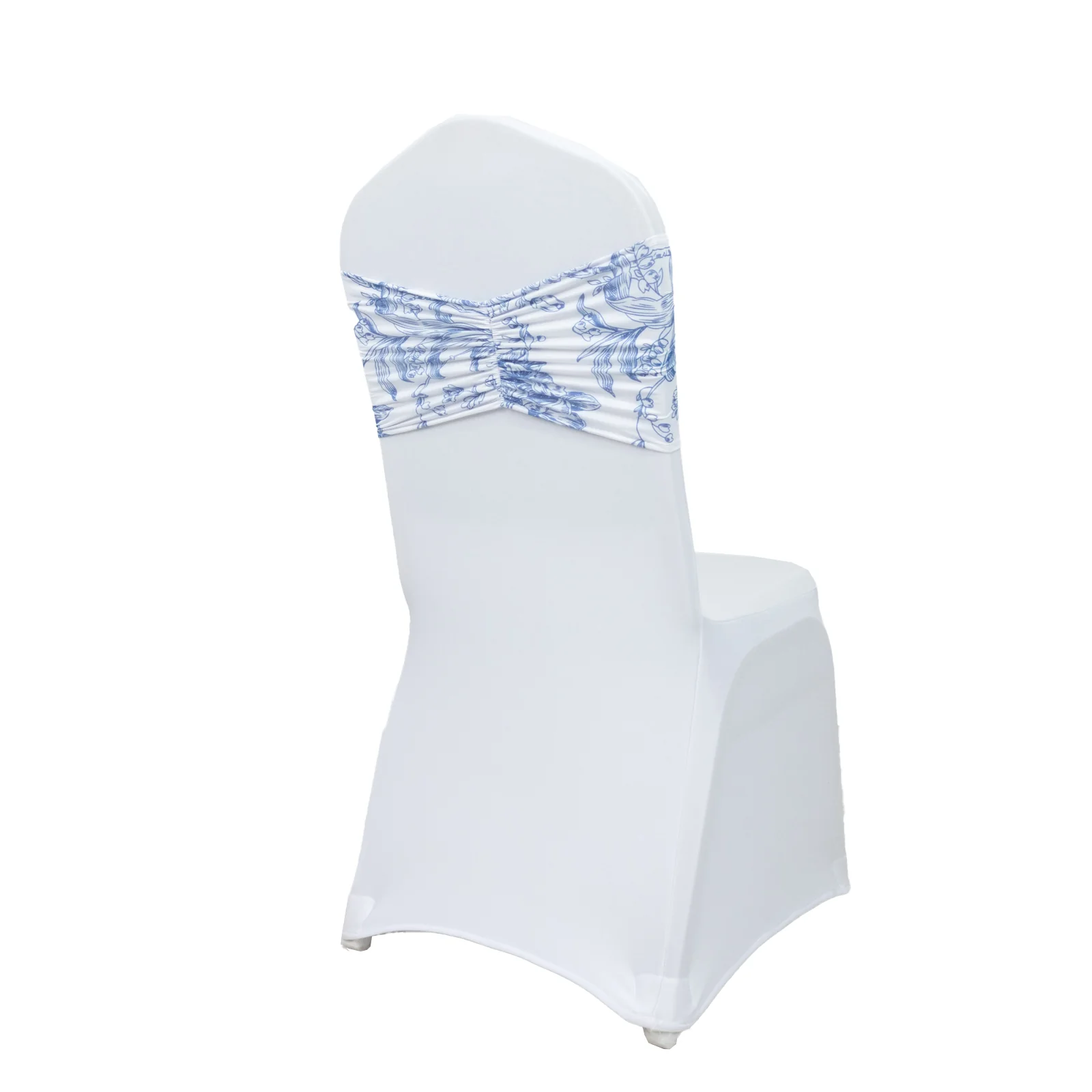 5 Pack French Toile Spandex Chair Sashes White Blue – 8"x13" Ruffled Stretch Chair Bands for Weddings & Events - Image 6