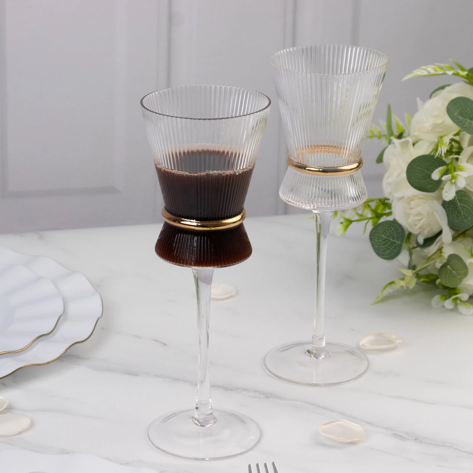 6-Pack Wine Glasses – 9oz Real Glass, Clear Ribbed Design with Gold Ring Accent, Elegant Glassware for Celebrations – 9" Tall - Image 2
