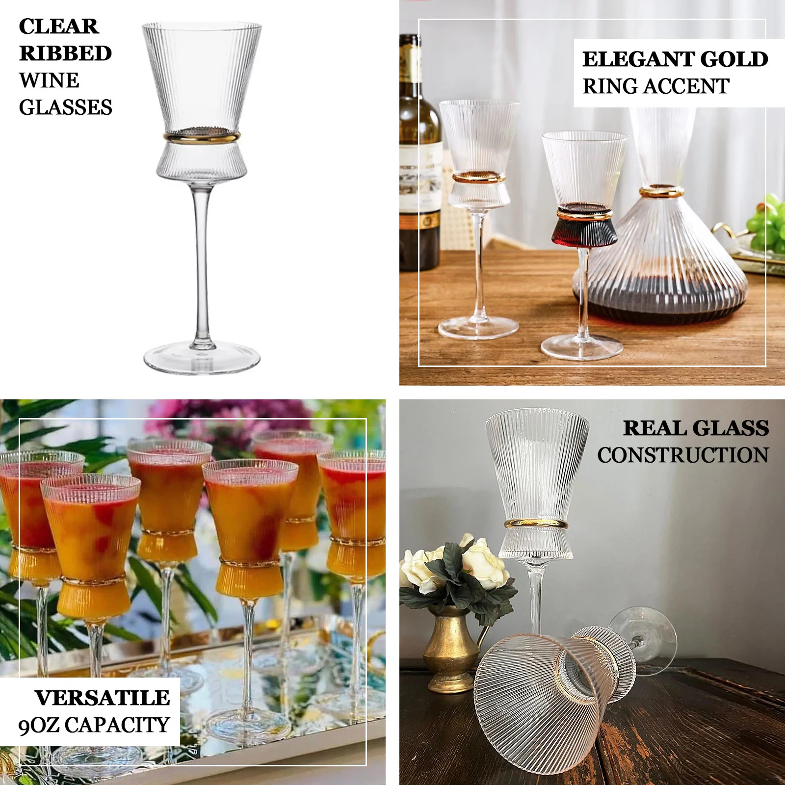 6-Pack Wine Glasses – 9oz Real Glass, Clear Ribbed Design with Gold Ring Accent, Elegant Glassware for Celebrations – 9" Tall - Image 4
