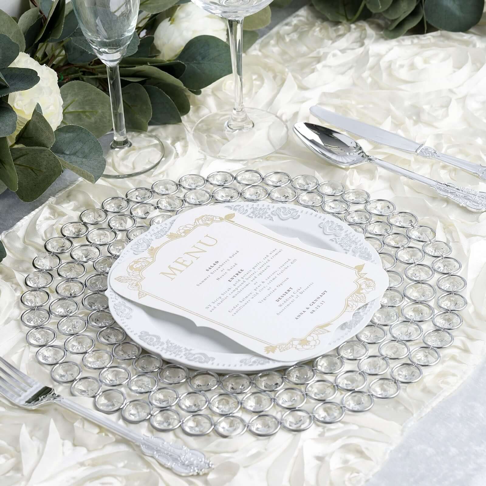 Wired Metal Charger Plate 14" Round Silver with Acrylic Crystal Beads - Decorative Dinner Charger Tableware - Image 2