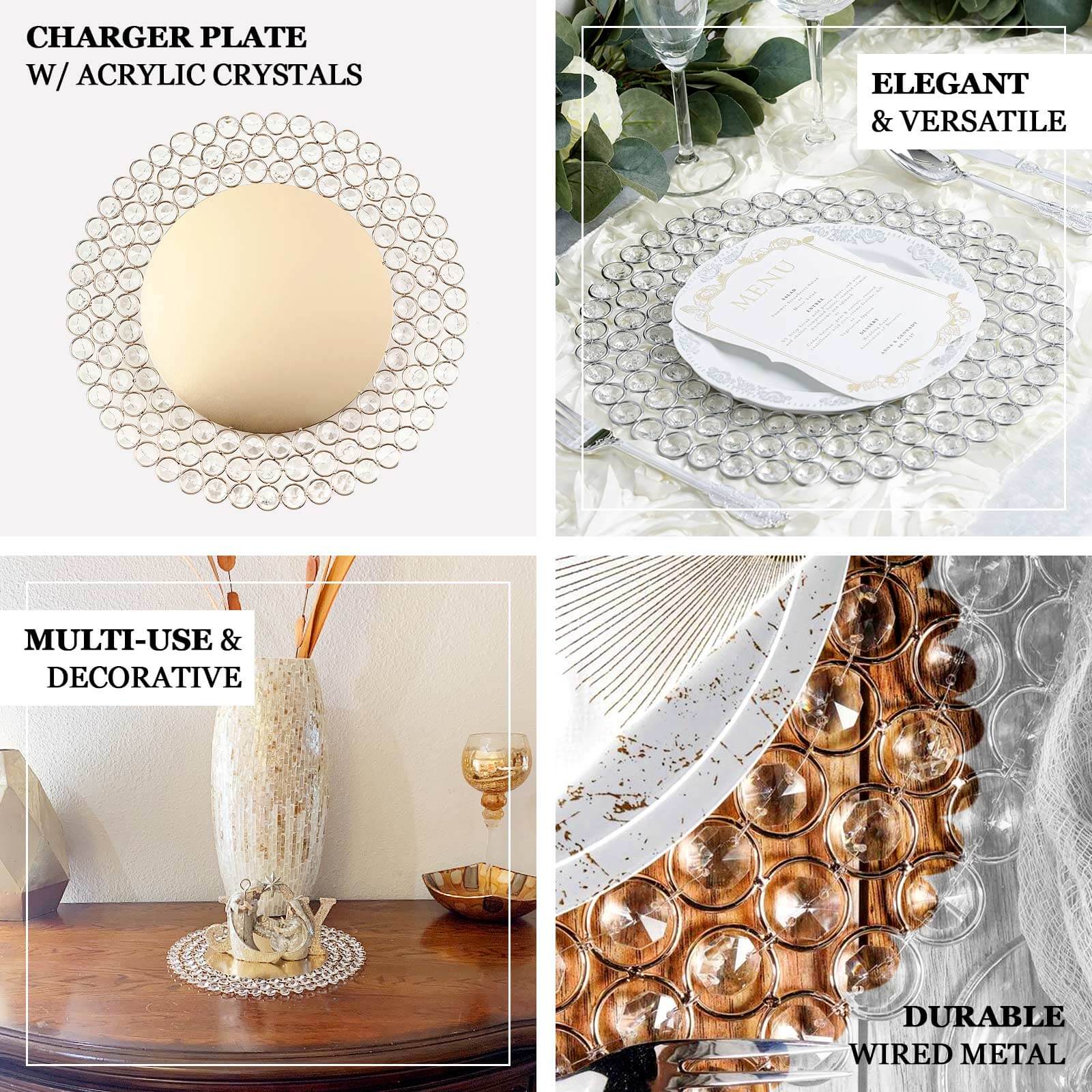 Wired Metal Charger Plate 14" Round Silver with Acrylic Crystal Beads - Decorative Dinner Charger Tableware - Image 4