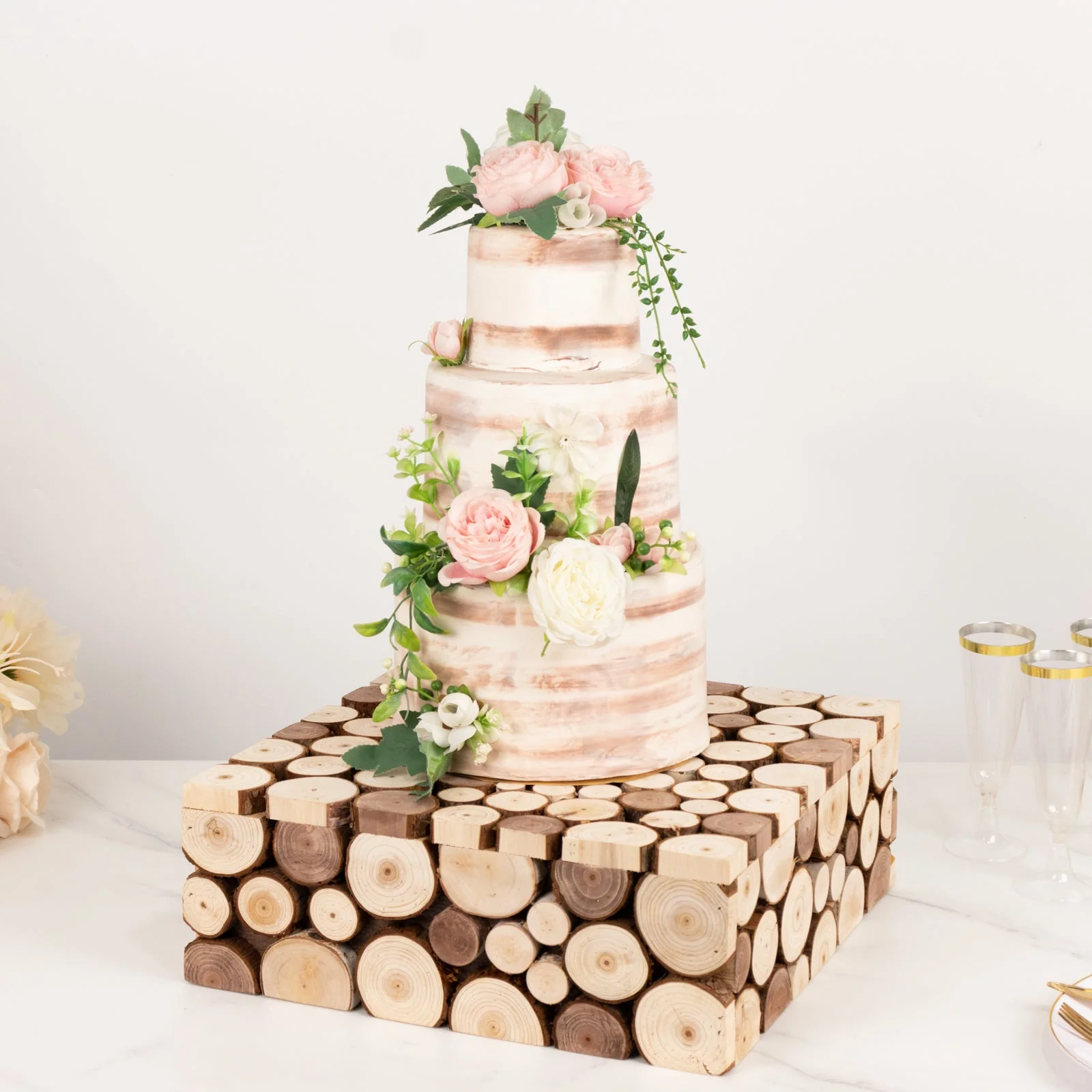 Wooden Cake Stand Square Design 14"x14" Natural Rustic Slices - Farmhouse Display Riser with Hollow Bottom - Image 2