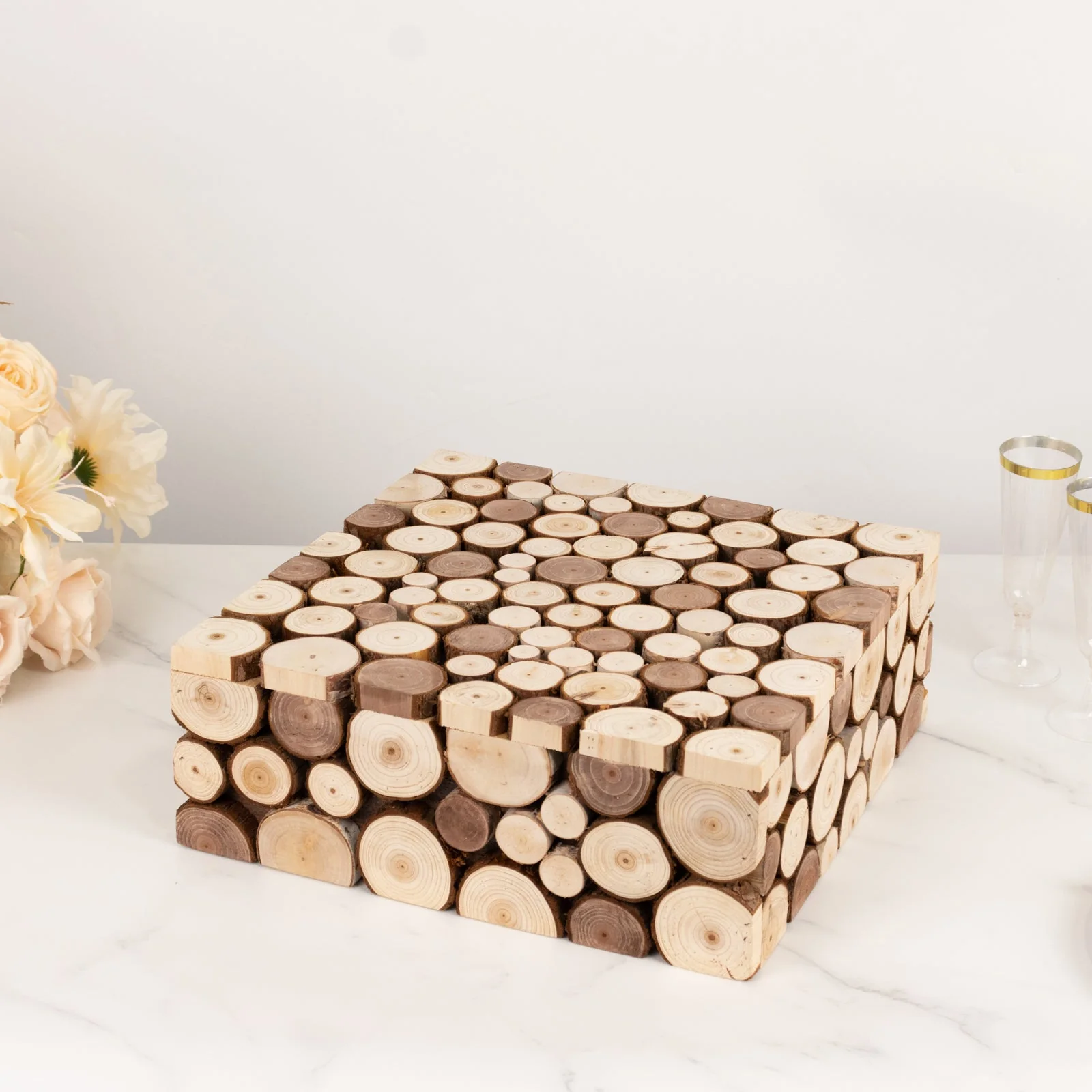 Wooden Cake Stand Square Design 14"x14" Natural Rustic Slices - Farmhouse Display Riser with Hollow Bottom - Image 4