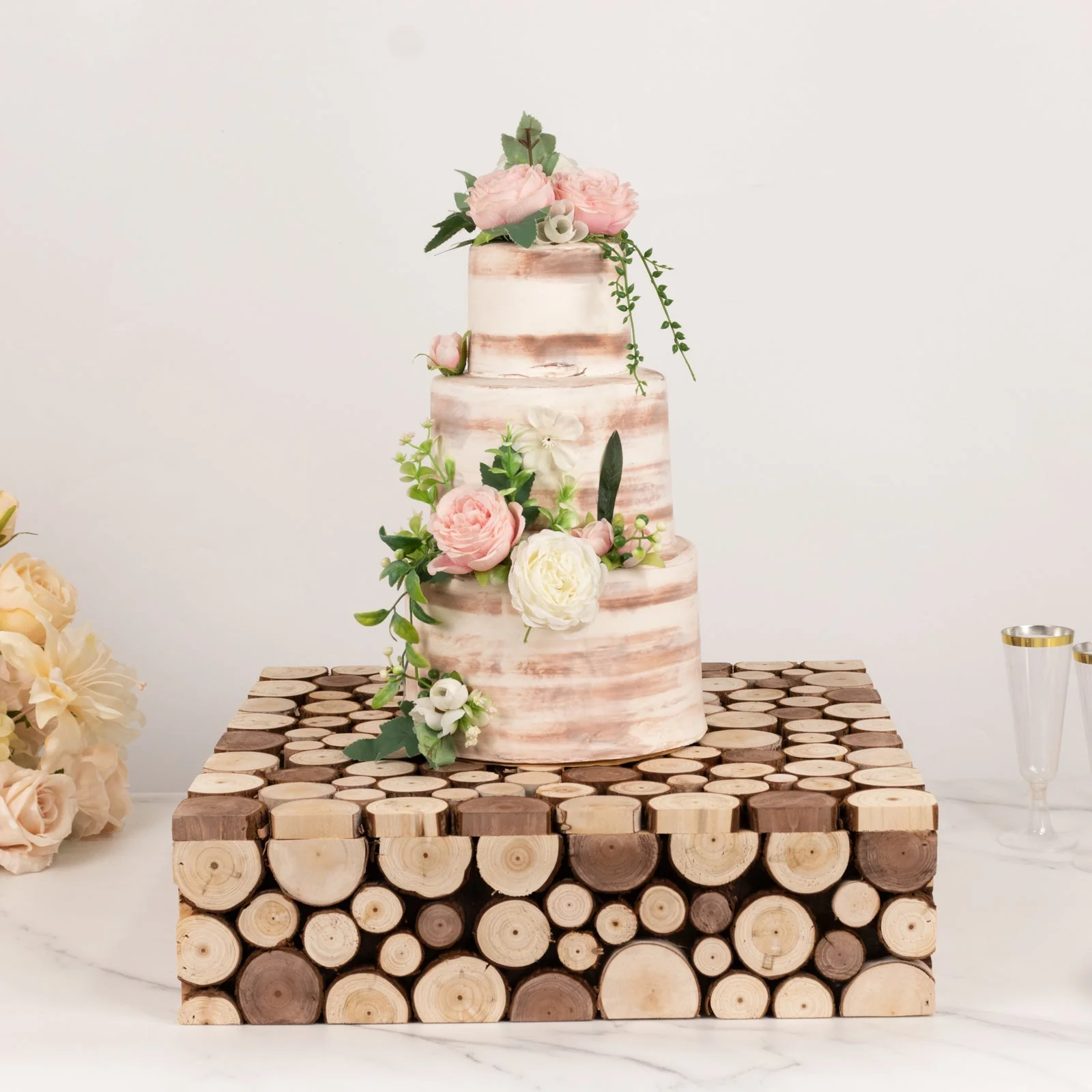 Wooden Cake Stand Square Design 18"x18" Natural Rustic Slices - Farmhouse Display Riser with Hollow Bottom - Image 5