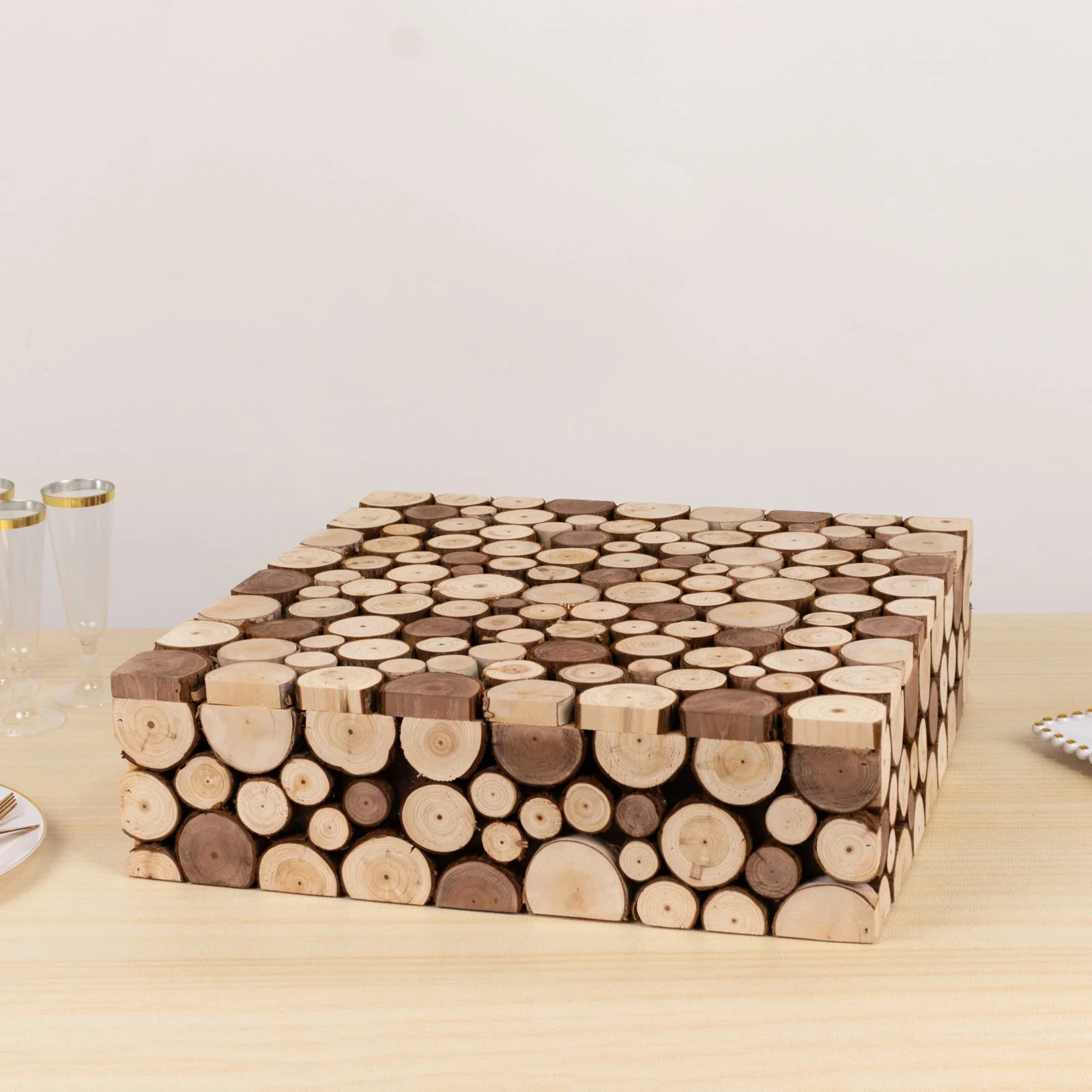 Wooden Cake Stand Square Design 18"x18" Natural Rustic Slices - Farmhouse Display Riser with Hollow Bottom - Image 6