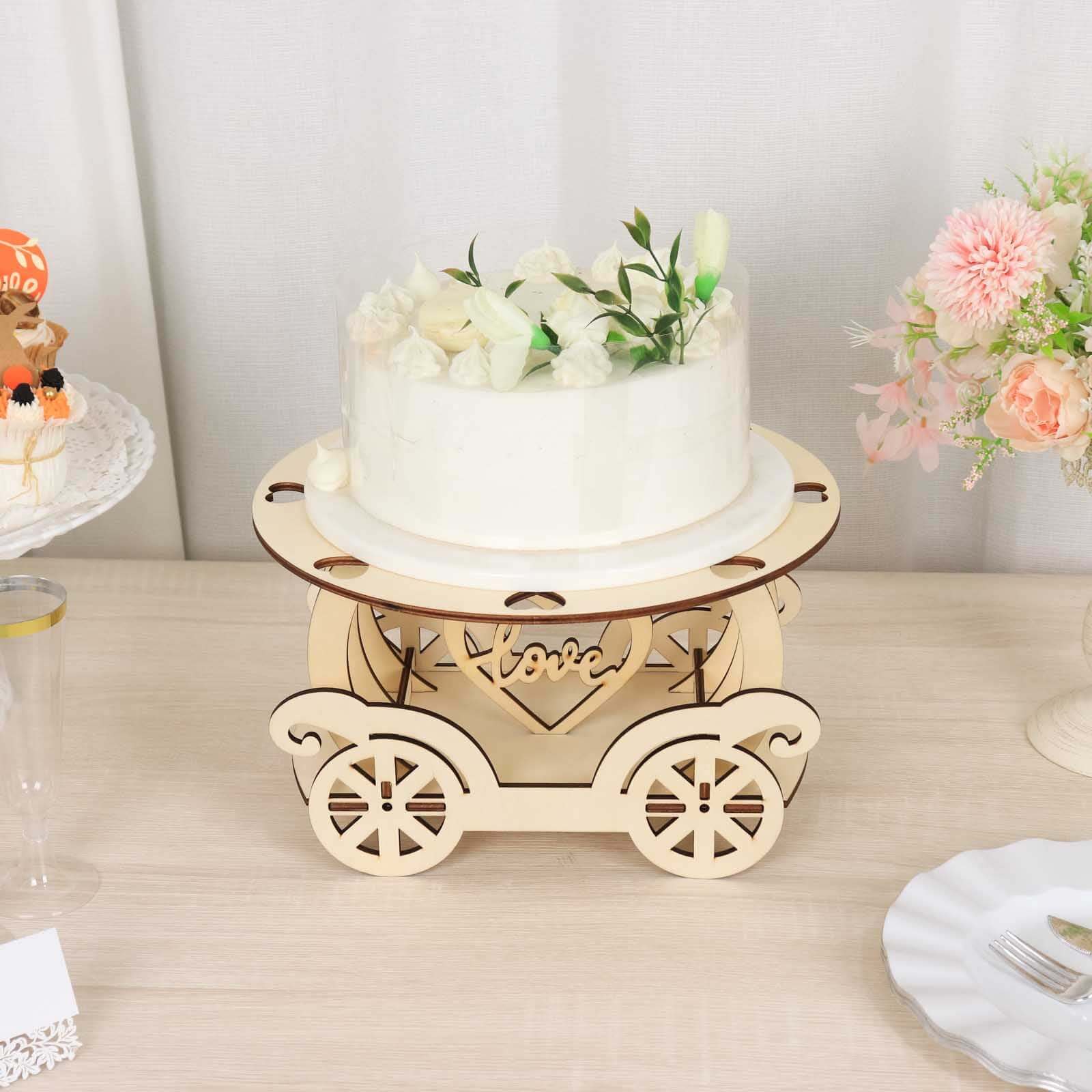 Wooden Wedding Cake Stand 12" Carriage Shape Natural with Laser Cut Design - Round Cupcake Holder Display Plate - Image 4
