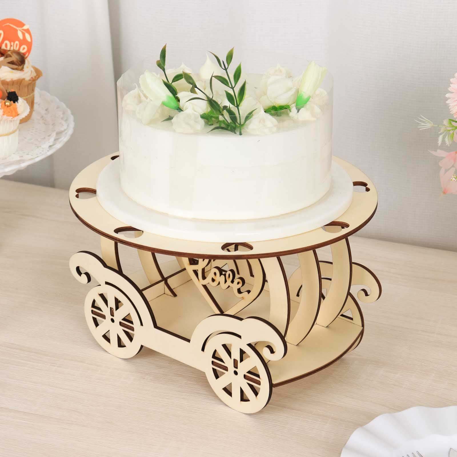 Wooden Wedding Cake Stand 12" Carriage Shape Natural with Laser Cut Design - Round Cupcake Holder Display Plate - Image 7